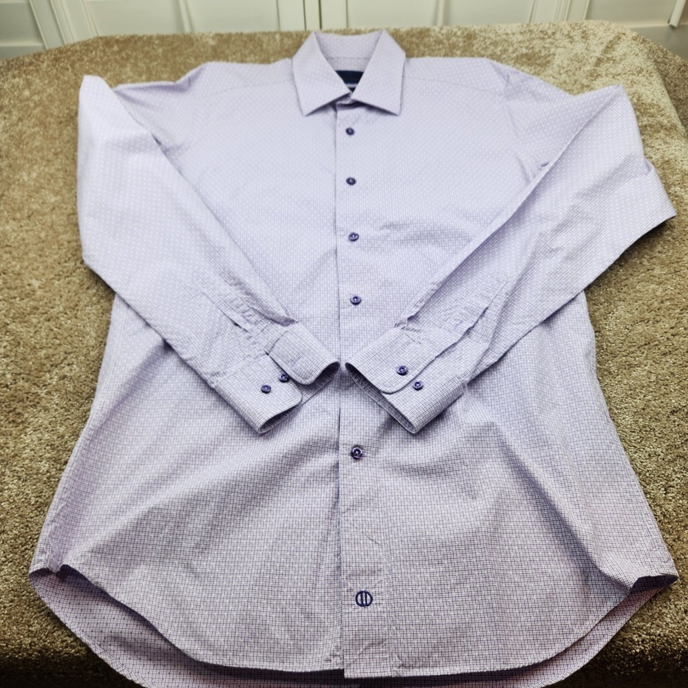 David Donahue Mens Trim Fit Dress Shirt Purple Micro Check 16.5 36/37 Cotton - Picture 5 of 7